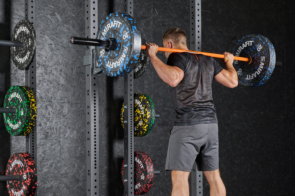 Mirafit Colour Splash Bumper Plates barbell back squat with Mirafit Colour Splash Bumper Plates