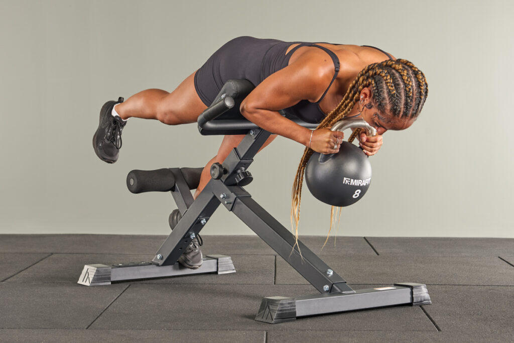 Mirafit Black Competition Kettlebell Single Leg Back Extension with Mirafit Black Competition Kettlebell