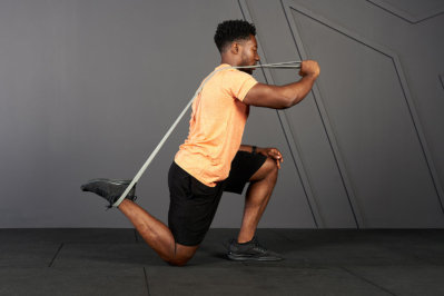 Kneeling quad stretch with a Mirafit Resistance Band