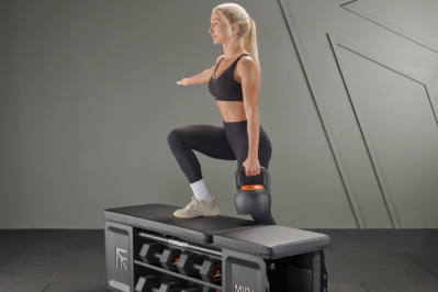 weighted kettlebell step up on Mirafit HIIT Bench
