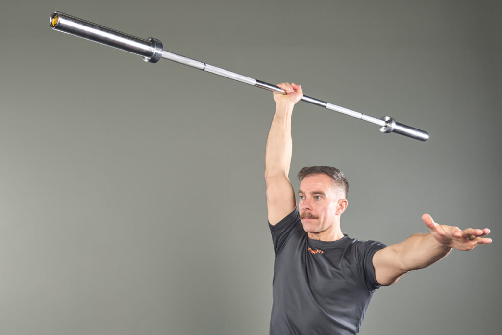Barbell javelin hold with a Mirafit 15kg Barbell
