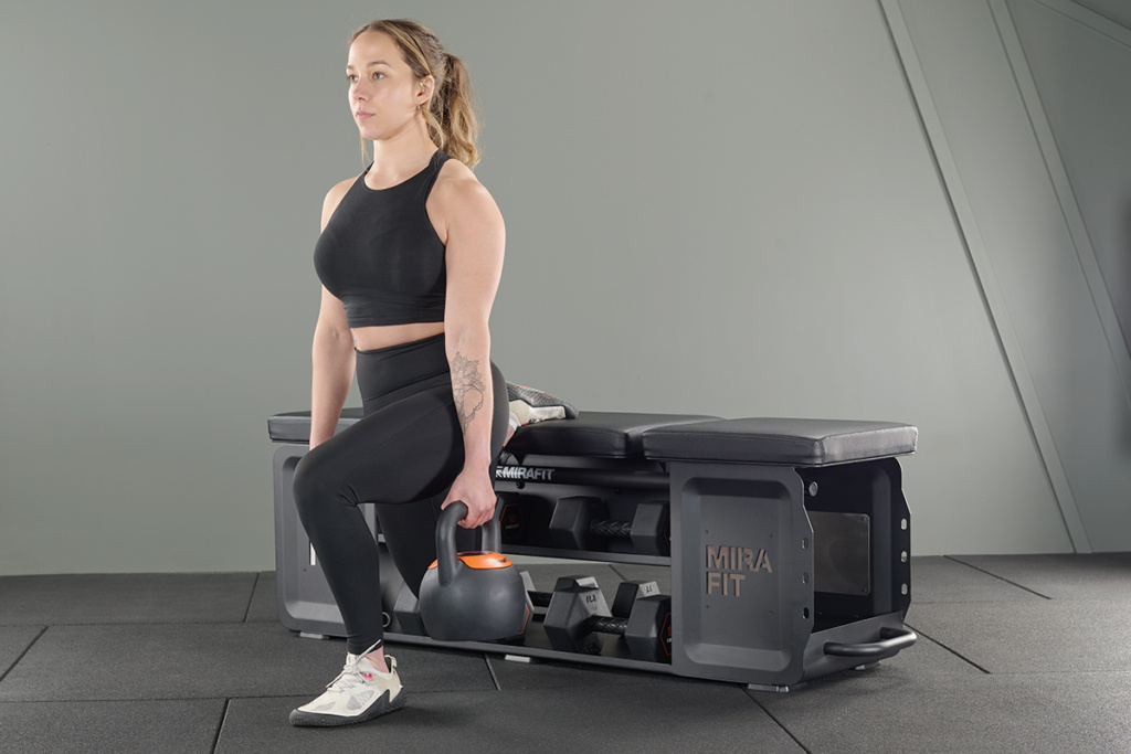 Bulgarian split squat using a Mirafit Studio HIIT Bench