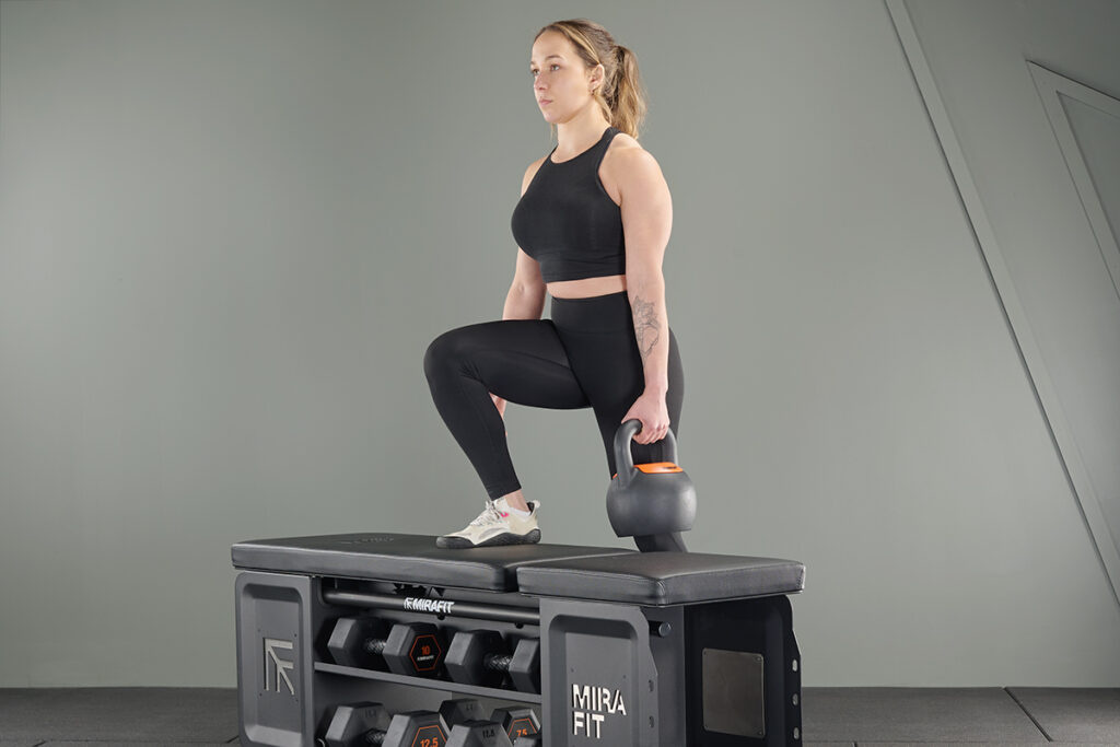 Kettlebell Step Up using a Mirafit Studio HIIT Bench