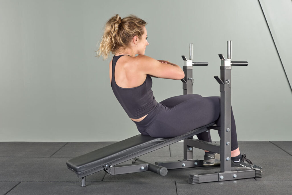 decline sit up on a Mirafit M1 Folding Weight Bench with Dip Station