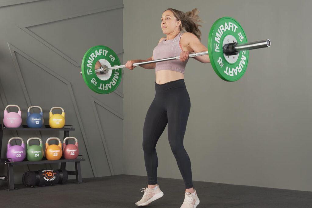 Mirafit Olympic Weightlifting Bumper Plates power clean using a Mirafit Barbell