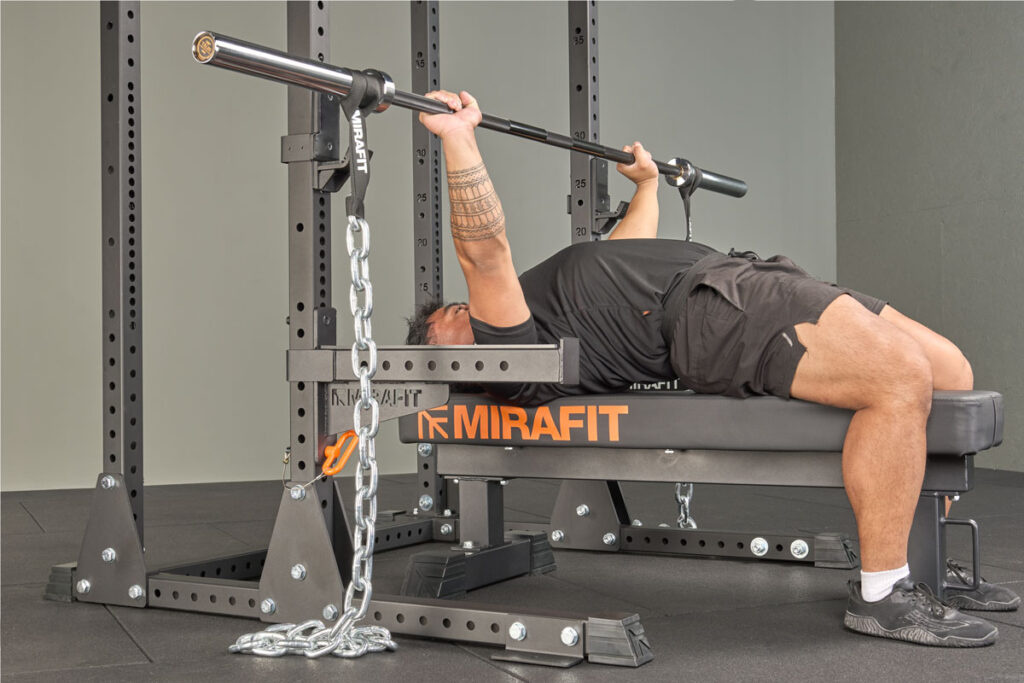 Bench press using Mirafit Weighted Barbell Chains