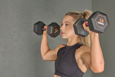 Overhead press hold using Mirafit Rubber Grip Hex Dumbbells