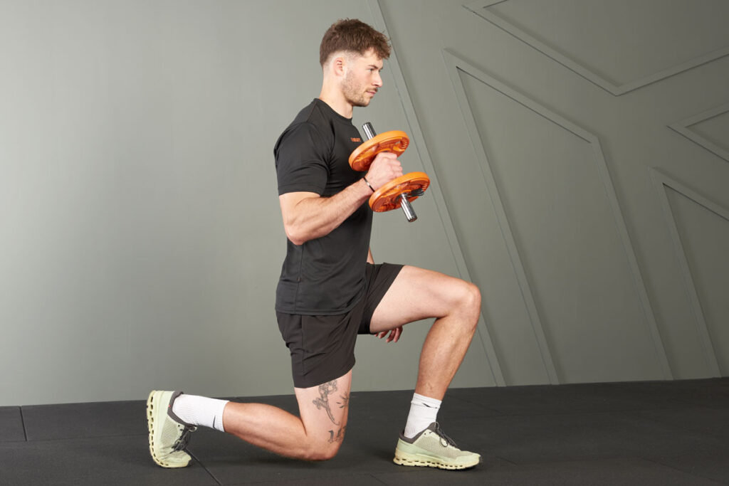 lunge with hammer curl using Mirafit Studio Dumbbell Bars