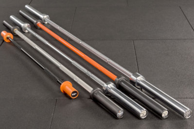 A range of Mirafit barbells with different weights