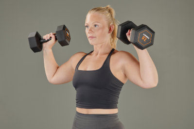 shoulder press using Mirafit Rubber Grip Hex Dumbbells