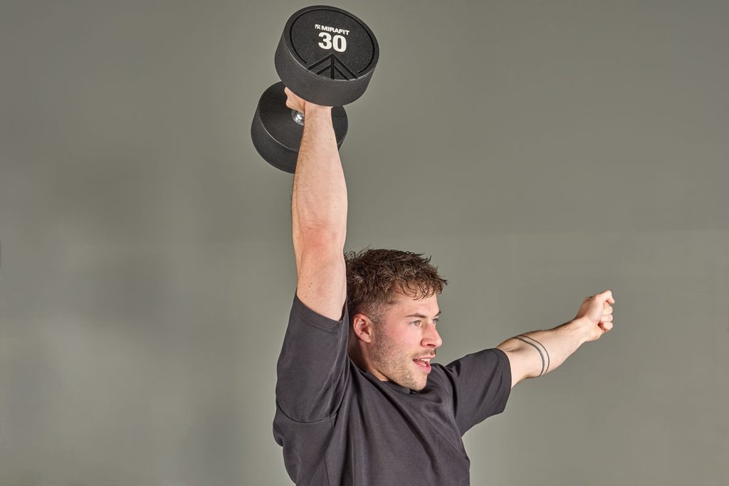 Dumbbell thruster with a Mirafit 30kg Dumbbell