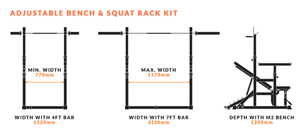 mirafit adjustable squat rack with weight bench space needed diagram