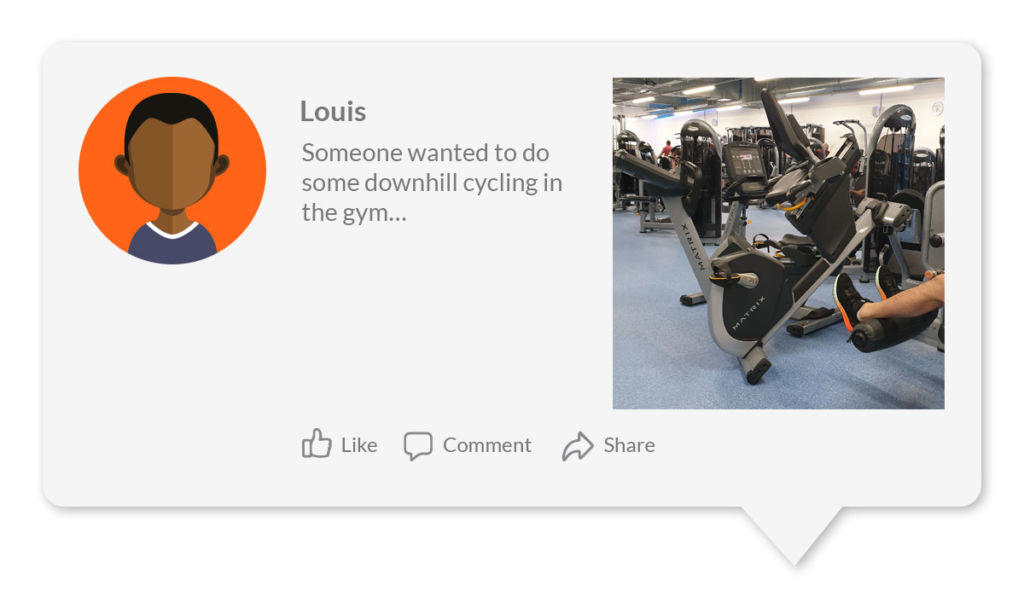 This is an image of a social media post showing an exercise bike with the back raised.