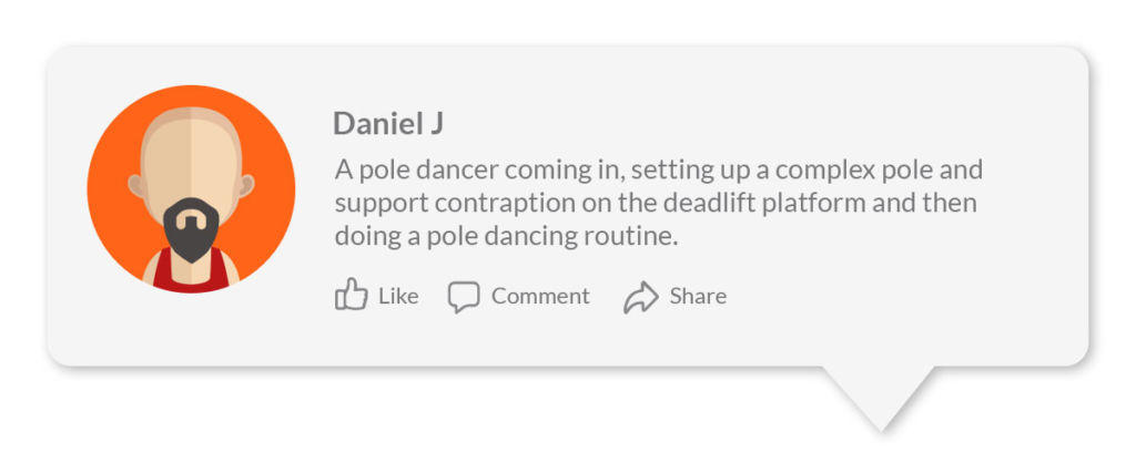 This is an image of a social media post about someone who brought a full pole dancing kit to the gym.