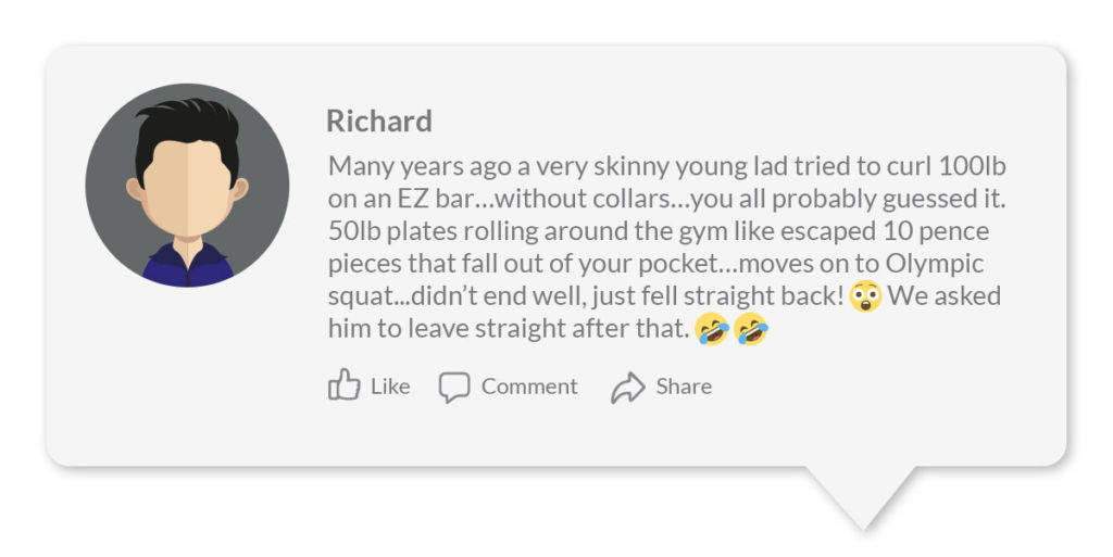 This is an image of a social media post about a young man who dropped some weights when he tried to lift too heavy.